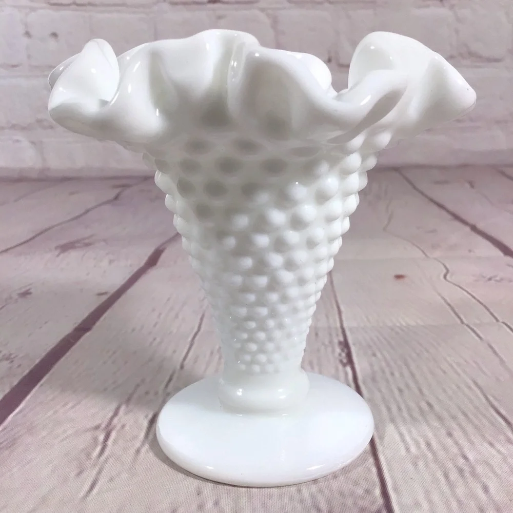 Vintage Fenton Milk Glass Fluted Hobnail Trumpet Vase